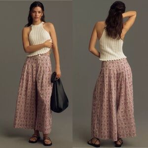 Anthropologie Raga Ria Pleated Cropped Wide-Leg Floral Pants Pink Size Medium